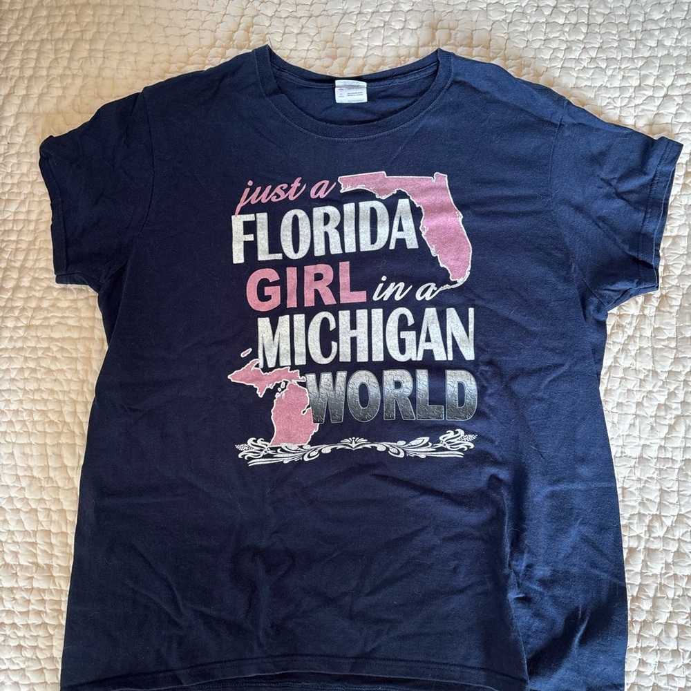 Gildan Ultra Cotton Navy Tee: Florida Girl in a Michigan World